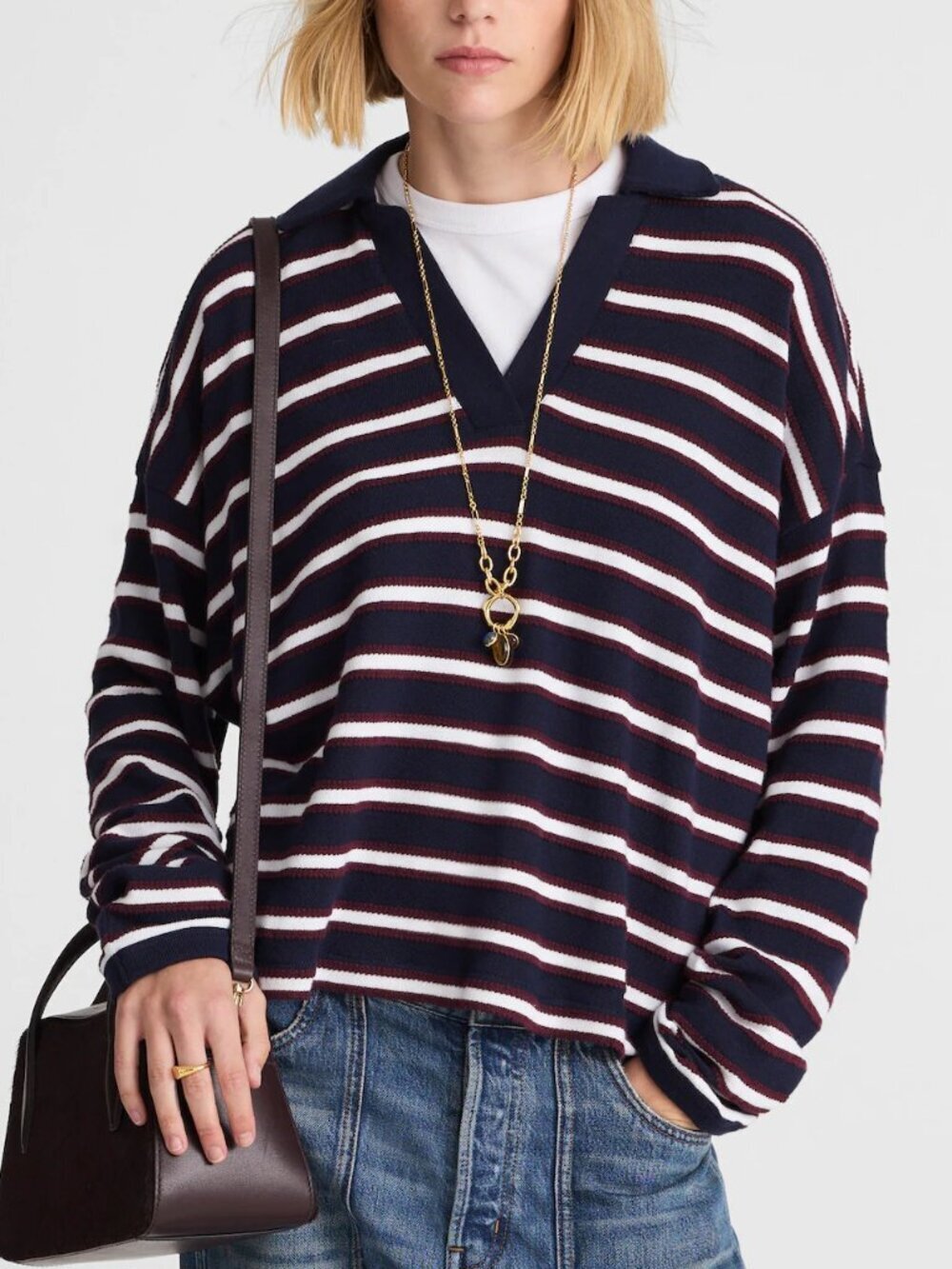 Madewell Relaxed Cotton Long Sleeve Polo Shirt Stripe Navy Maroon Size L NWT